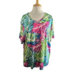 Reel Legends Freeline Womens 3X Tropical Palm Print V-Neck Performance Shirt